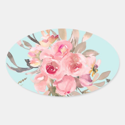 Blush roze bloemen op lichtblauw ovale sticker (Voorkant)