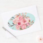 Blush roze bloemen op lichtblauw ovale sticker (Envelop)