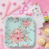 Blush roze bloemen op lichtblauw papieren bordje (Feest)