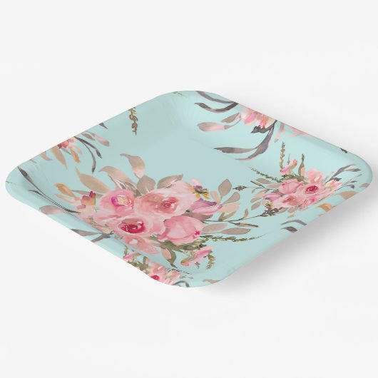 Blush roze bloemen op lichtblauw papieren bordje (Gebogen)