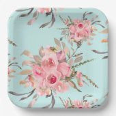 Blush roze bloemen op lichtblauw papieren bordje (Voorkant)