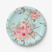 Blush roze bloemen op lichtblauw papieren bordje (Voorkant)