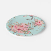 Blush roze bloemen op lichtblauw papieren bordje (Gekanteld)