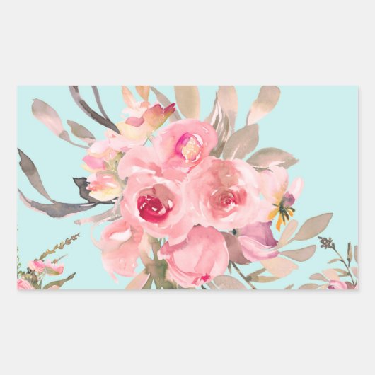 Blush roze bloemen op lichtblauw rechthoekige sticker (Voorkant)