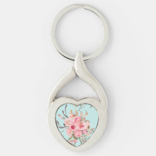 Blush roze bloemen op lichtblauw sleutelhanger