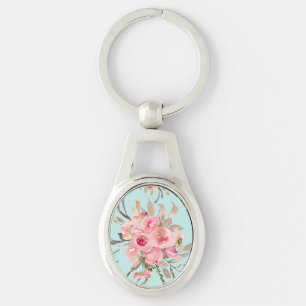 Blush roze bloemen op lichtblauw sleutelhanger