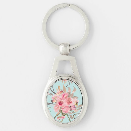 Blush roze bloemen op lichtblauw sleutelhanger (Voorkant)