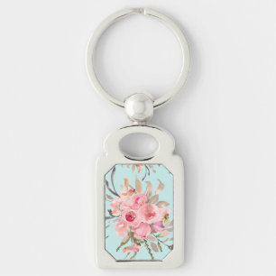 Blush roze bloemen op lichtblauw sleutelhanger