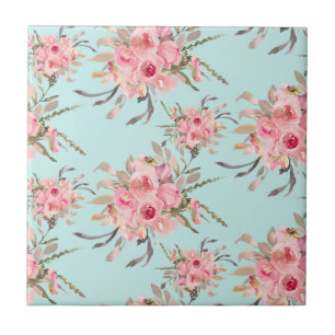 Blush roze bloemen op lichtblauw tegeltje