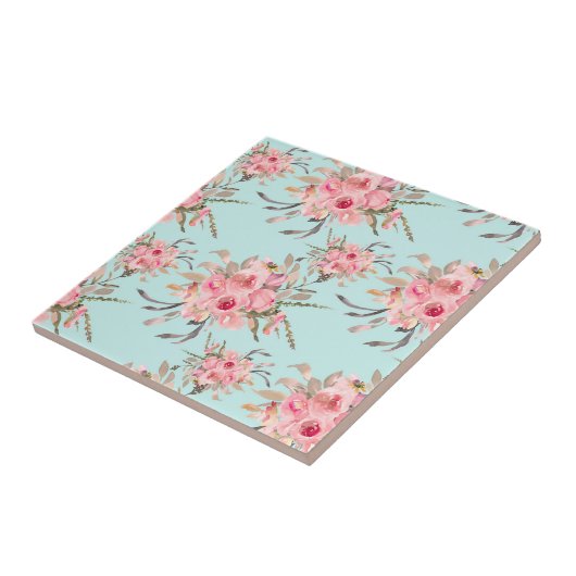 Blush roze bloemen op lichtblauw tegeltje (Zijkant)