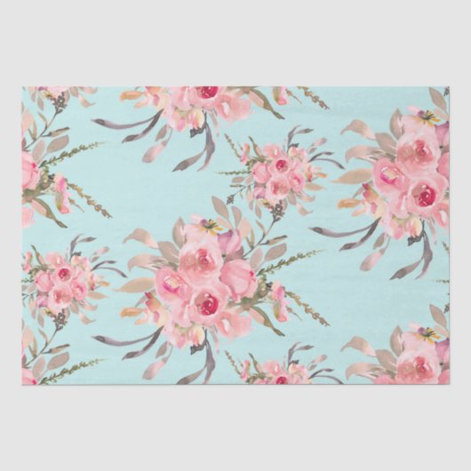 Blush roze bloemen op lichtblauw tissuepapier (Voorkant)