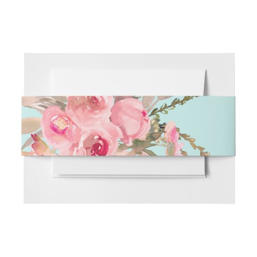 Blush roze bloemen op lichtblauw uitnodigingen wikkel (Voorkant Voorbeeld)