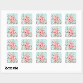 Blush roze bloemen op lichtblauw vierkante sticker (Vel)