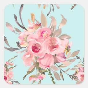 Blush roze bloemen op lichtblauw vierkante sticker