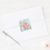 Blush roze bloemen op lichtblauw vierkante sticker (Envelop)