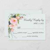 Blush roze bloemen op lichtblauwe bruiloft RSVP kaartje (Voorkant / Achterkant)
