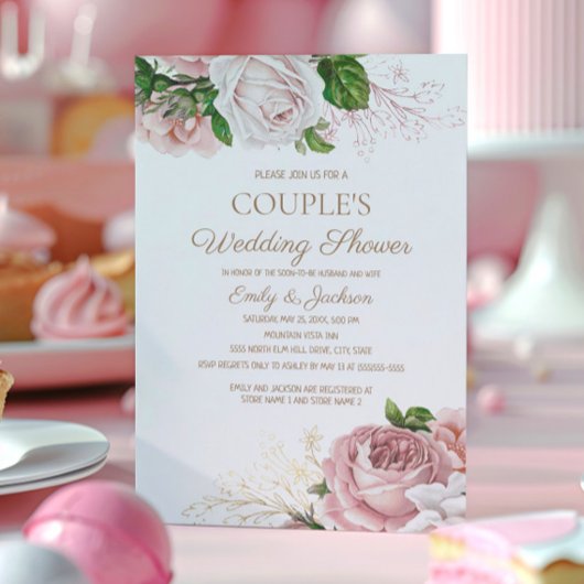 Blush Roze Bloemen Paar's Wedding Shower Kaart