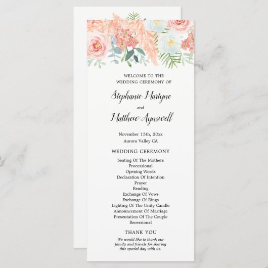 Blush Roze Bloemen Pampas Bruiloft Programmakaart (Voorkant / Achterkant)