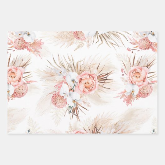 Blush Roze Bloemen Pampas Grass Patroon Elegant Inpakpapier Vel (Voorkant 3)