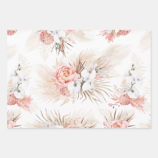 Blush Roze Bloemen Pampas Grass Patroon Elegant Inpakpapier Vel (Voorkant)