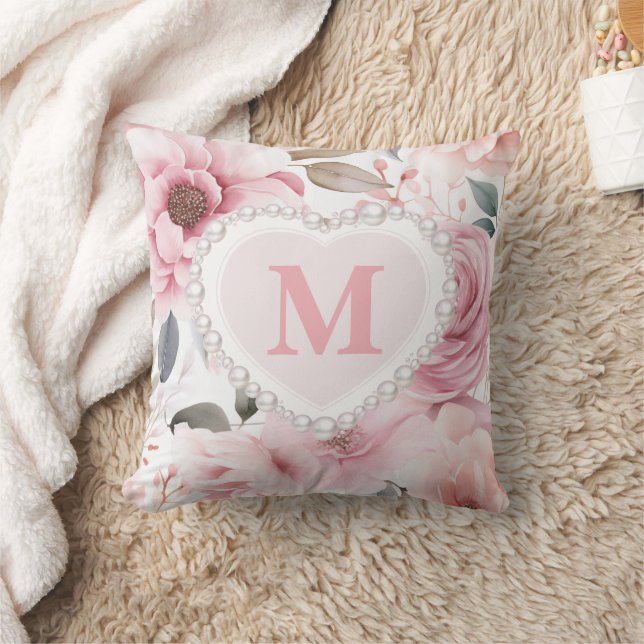 Blush Roze Bloemen Parel Hart Monogram Kussen (Deken)
