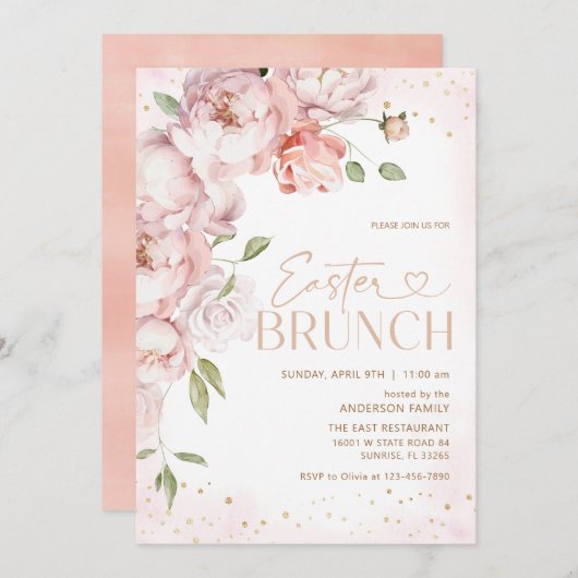 Blush Roze Bloemen Pasen Brunch Kaart (Voorkant / Achterkant)