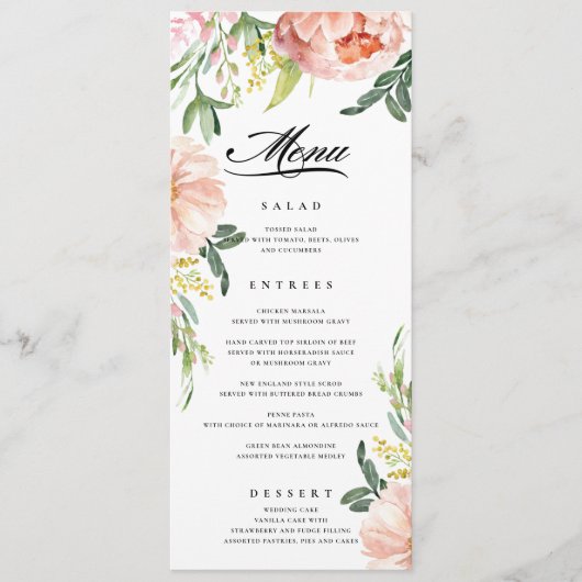 Blush Roze Bloemen Pioen Bruiloft Menu (Voorkant)