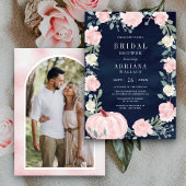 Blush Roze Bloemen Pompoen Foto Navy Vrijgezellenf Kaart