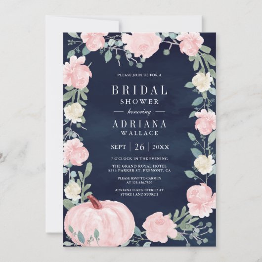 Blush Roze Bloemen Pompoen Foto Navy Vrijgezellenf Kaart (Voorkant)