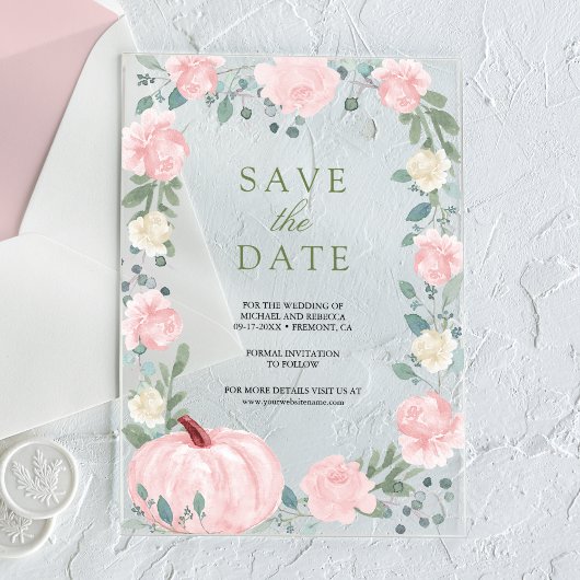 Blush Roze Bloemen Pompoen Huwelijk Save the Date Acryl Uitnodigingen
