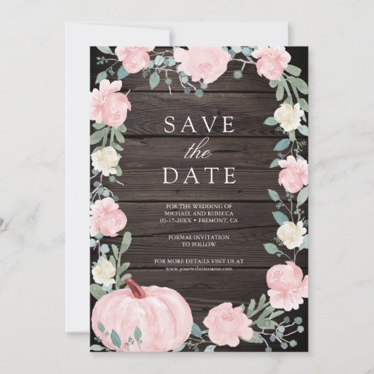 Blush Roze Bloemen Pompoen Schuur Hout Foto bruilo Save The Date (Voorkant)