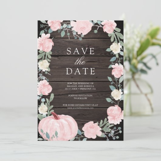 Blush Roze Bloemen Pompoen Schuur Hout Foto bruilo Save The Date (Staand voorkant)