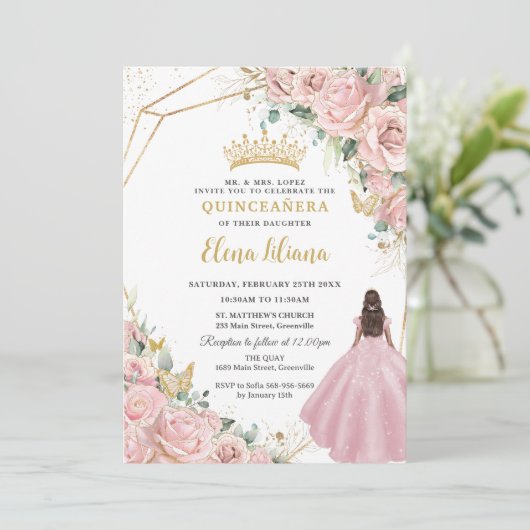 Blush Roze Bloemen Prinses Goud Quinceanera 15 XV Kaart (Staand voorkant)
