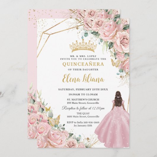 Blush Roze Bloemen Prinses Goud Quinceanera 15 XV Kaart (Voorkant / Achterkant)