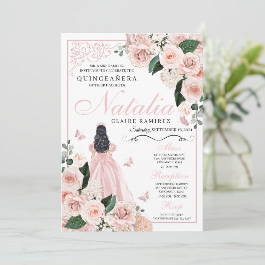 Blush Roze Bloemen Prinses Quinceanera Kaart (Staand voorkant)