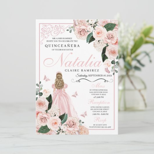 Blush Roze Bloemen Prinses Quinceanera Kaart (Staand voorkant)