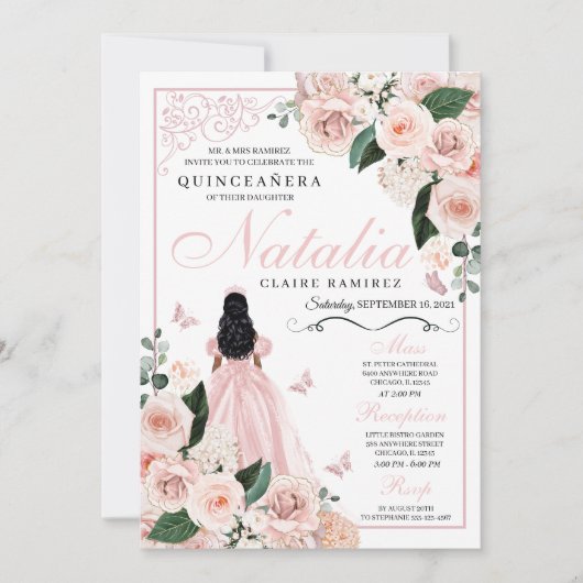 Blush Roze Bloemen Prinses Quinceanera Kaart (Voorkant)