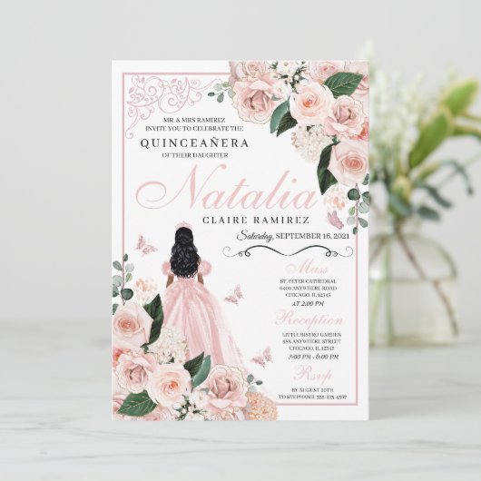 Blush Roze Bloemen Prinses Quinceanera Kaart (Staand voorkant)