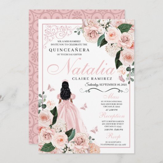 Blush Roze Bloemen Prinses Quinceanera Kaart (Voorkant / Achterkant)
