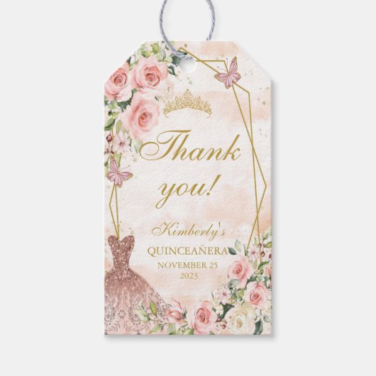 Blush roze bloemen, Quinceañera Cadeaulabel (Voorkant)