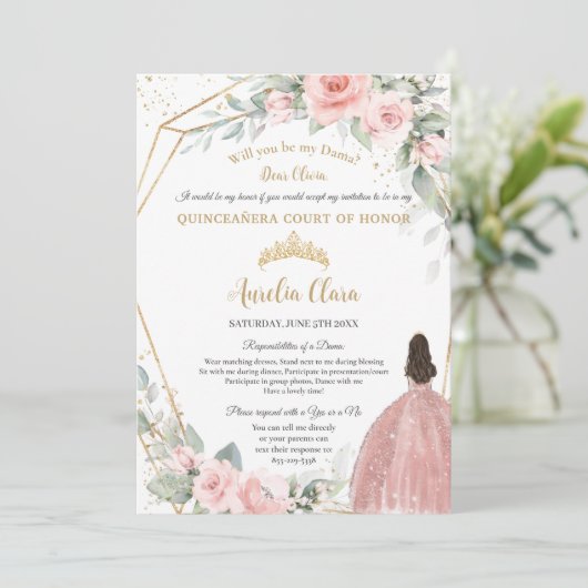 Blush Roze Bloemen Quinceañera Dama Voorstel Kaart (Staand voorkant)