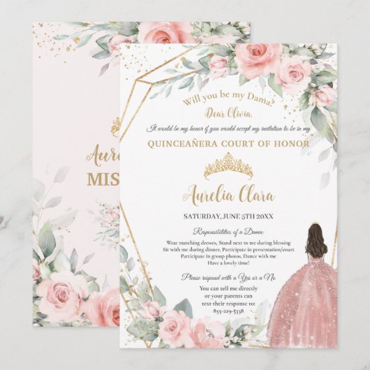 Blush Roze Bloemen Quinceañera Dama Voorstel Kaart (Voorkant / Achterkant)