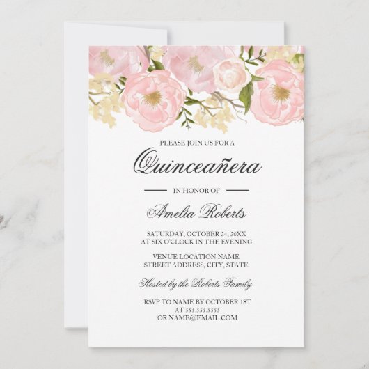 Blush Roze Bloemen Quinceanera Invitation Kaart (Voorkant)