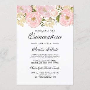 Blush Roze Bloemen Quinceanera Invitation Kaart