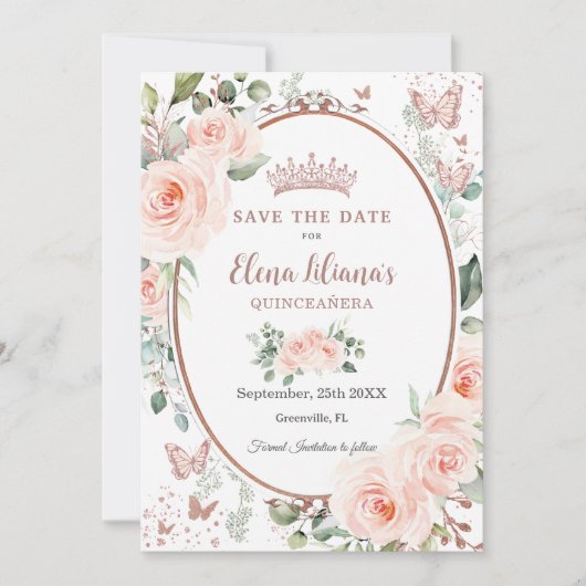 Blush Roze Bloemen Roos Goud Quinceañera Save The Date (Voorkant)