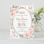 Blush Roze Bloemen Roos Goud Quinceañera Save The Date (Staand voorkant)