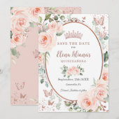 Blush Roze Bloemen Roos Goud Quinceañera Save The Date (Voorkant / Achterkant)