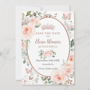Blush Roze Bloemen Roos Goud Quinceañera Save The Date