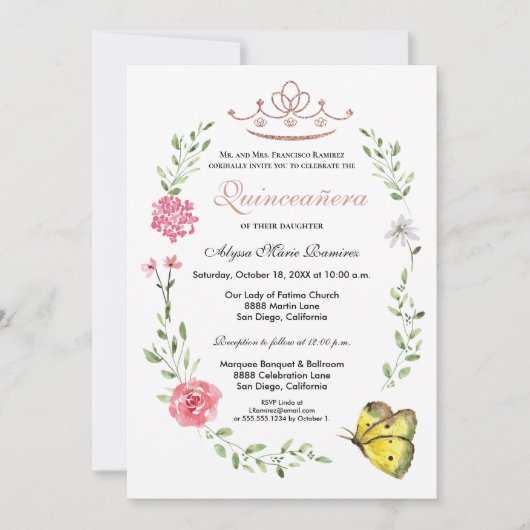 Blush Roze Bloemen Roos goud Tiara Quinceanera Kaart (Voorkant)