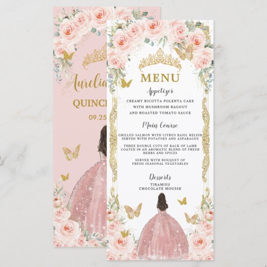 Blush Roze Bloemen Roos Gouden Jurk Quinceañera Me Programmakaart (Voorkant / Achterkant)
